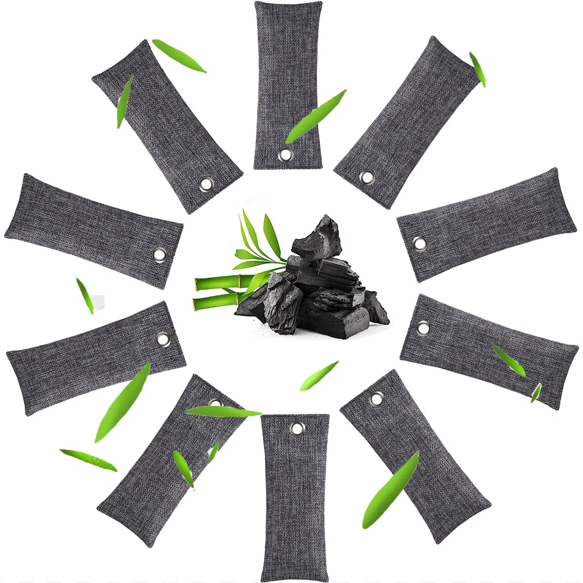 85g x10 Deumidificatore Naturale, Sacchetto Carbone bambù, Deodorante Auto, Purificatore d'Aria, Assorbi umidità Armadio, Elimina Odori per Frigorifero Seminterrato Scarpe Borsa da Ginnastica
