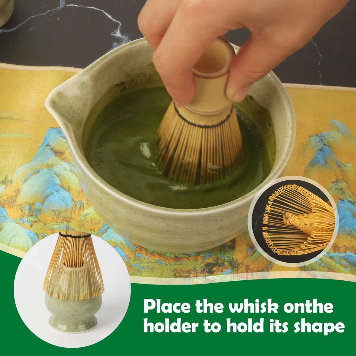 Macha Tea Kit, 7 Pezzi Matcha Kit, Completo con Matcha Whisk, Ciotola Matcha, Supporto Chasen, Setaccio da Matcha, Tappeto con Motivo, 2*Cucchiaio Matcha, Ideale per la Preparazione del tè Matcha