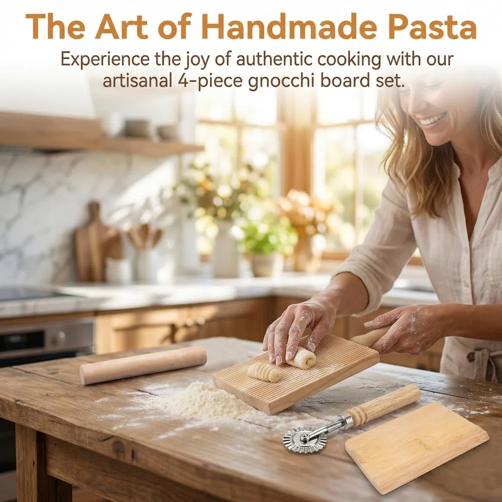 4 Pz Set di Rigagnocchi con Asta per Garganelli, Rigagnocchi in Legno, Utensile Manuale Realizzare Garganelli e Gnocchi, Pasta Board Gnocchi Roller con Mattarello, Taglia-pancake e Raschietto