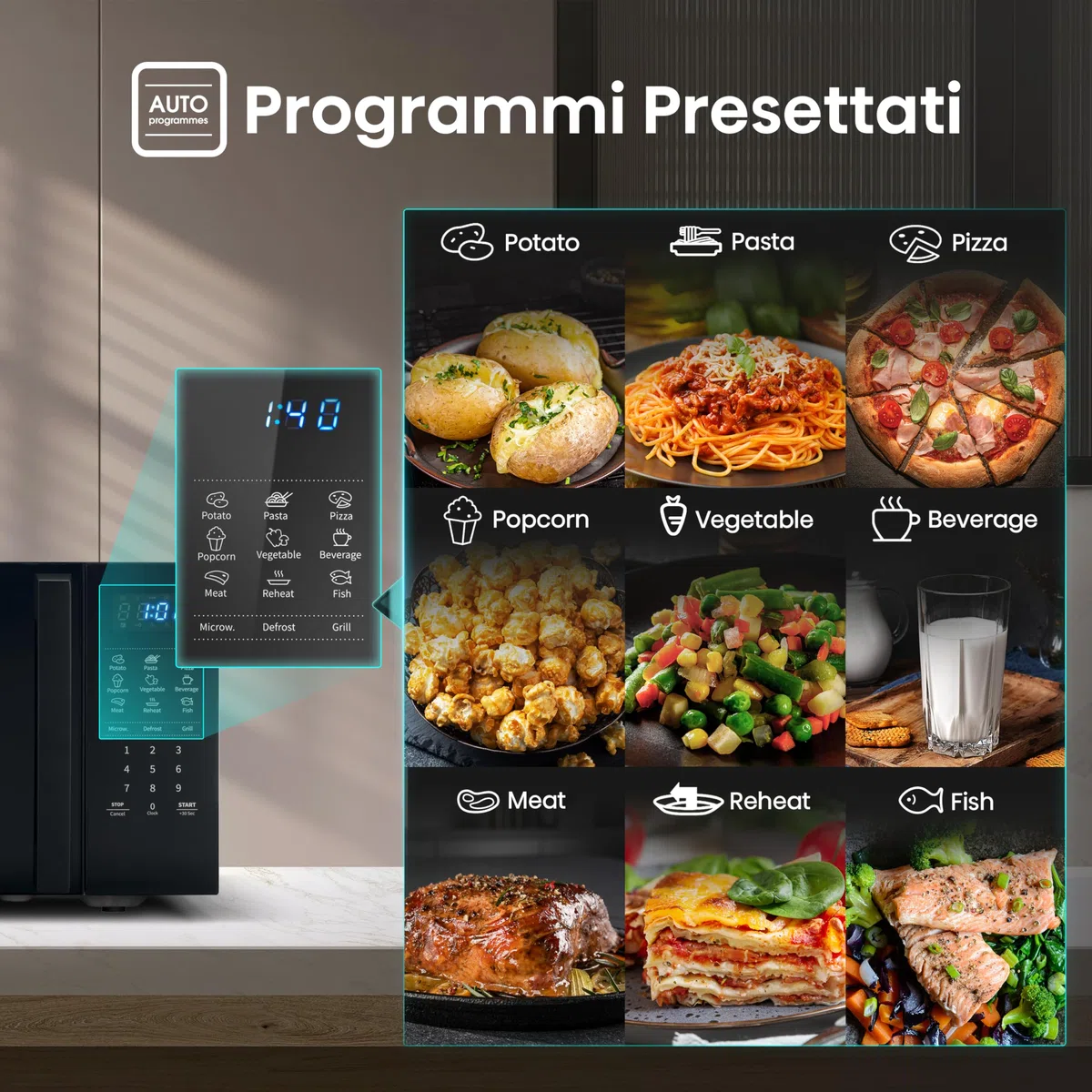 Hisense H20MOBS4HG Forno Microonde con controllo Elettronico, Capacità 20 L, Potenza 700 Watt, Funzione Grill 800 W, Display Led Comandi Touch, Colore Nero