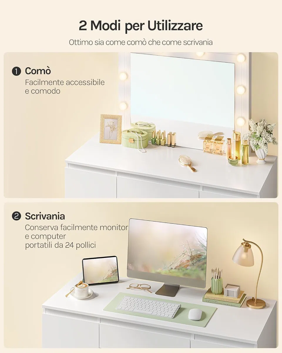 WOLTU Toeletta da Trucco, con Specchio e Luci LED, Luminosità Regolabile, Tavolo da Trucco, con 7 Cassetti, Postazione Make Up, 107x39,5x140,5cm, Cassettiera in Legno, Bianco, MB6099ws