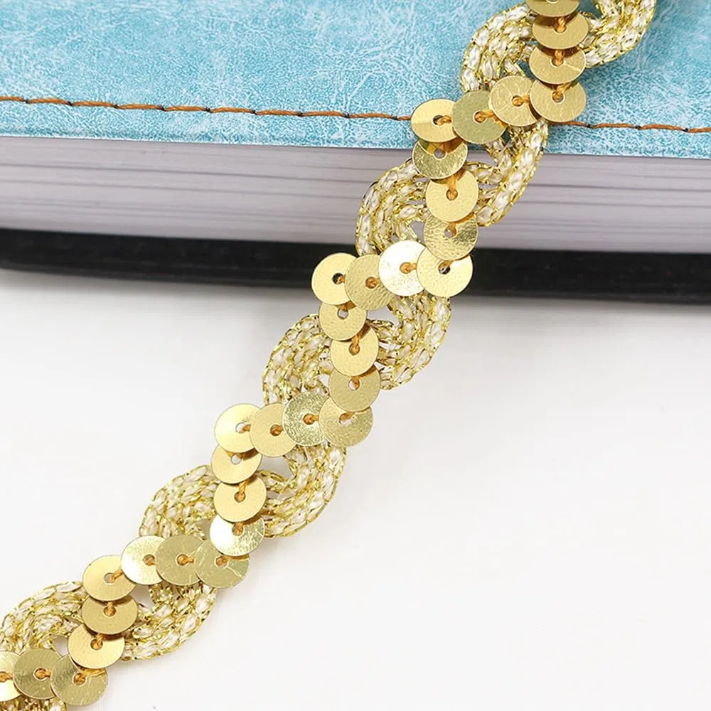 Nastro elastico con paillettes luccicanti, 15 mm, accessorio per abbigliamento, a forma di S, paillette ondulate, per costumi da palcoscenico (oro, 25 m)