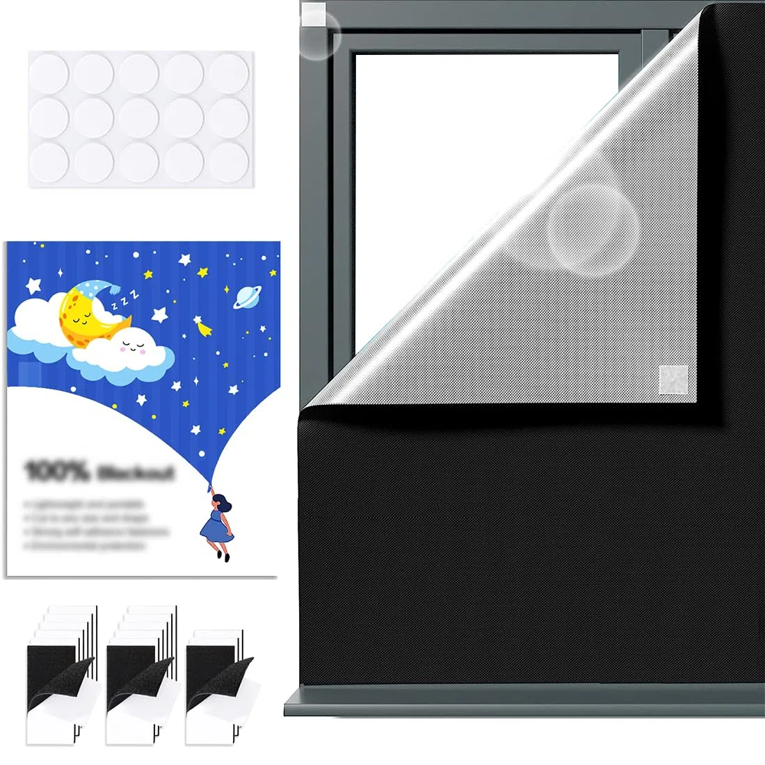 Tenda Oscurante per Finestre 100% Oscuramento, 145x100cm Tessuto Oscurante con Velcro e Adesivi, Oscurante Finestra da Interno Senza Forare per Camera da Letto, Ufficio e Viaggio, Nero e Argento