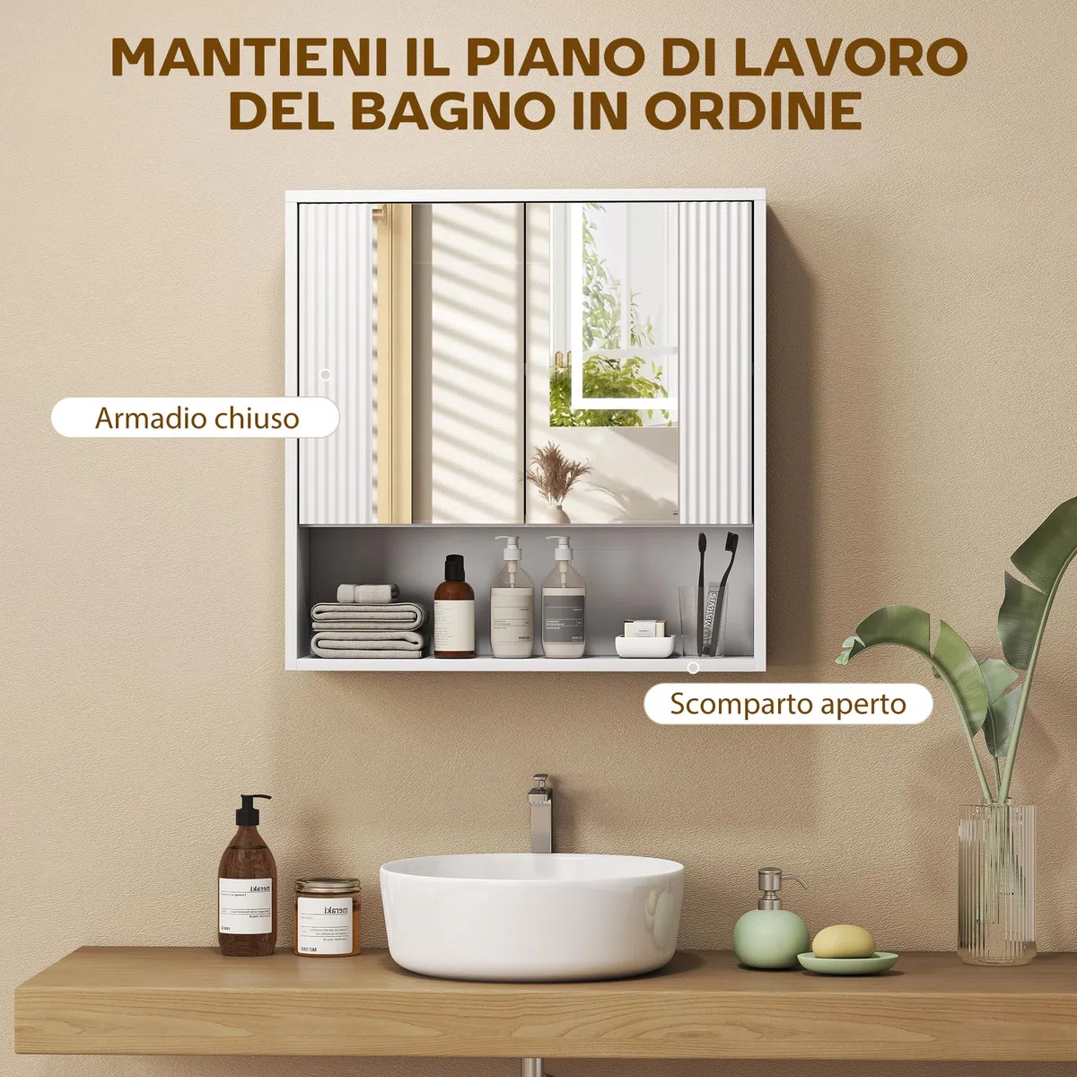 HOMCOM Mobile Bagno da Parete, Mobiletto Bagno Pensile Sospeso Moderno con Anta Soft Close, 2 Ante Specchiate, Scomparto Aperto, Ripiano Regolabile, per Soggiorno e Ingresso, Salvaspazio, Bianco