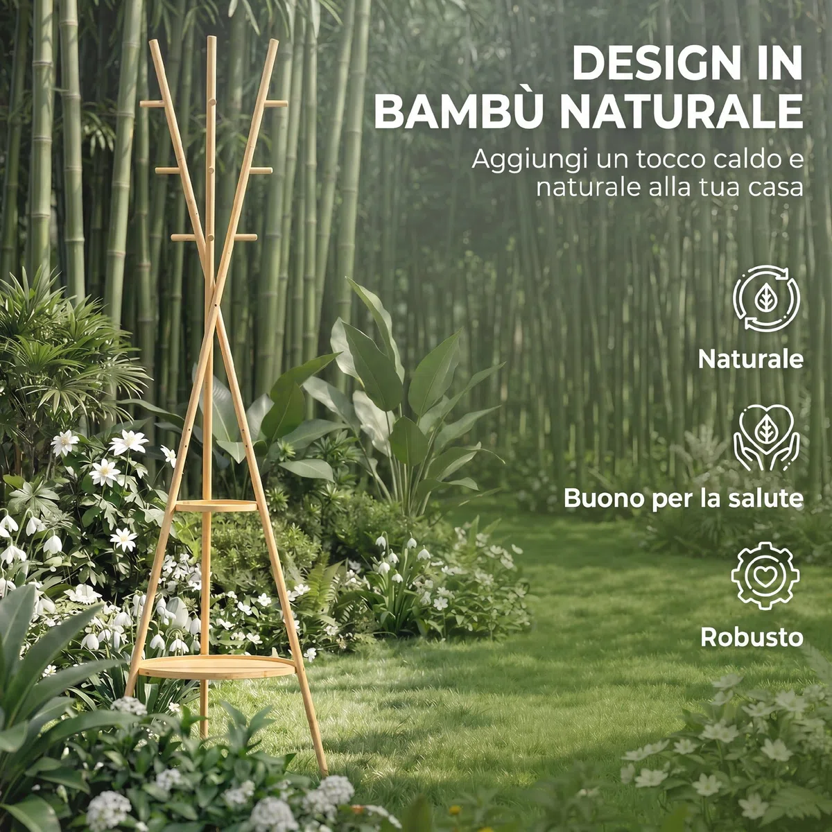 HOMCOM Appendiabiti da Terra in Bambù Rotondo con 2 Ripiani, Attaccapanni da Terra per Ingresso, Forma Albero Autoportante con 9 Ganci, Naturale