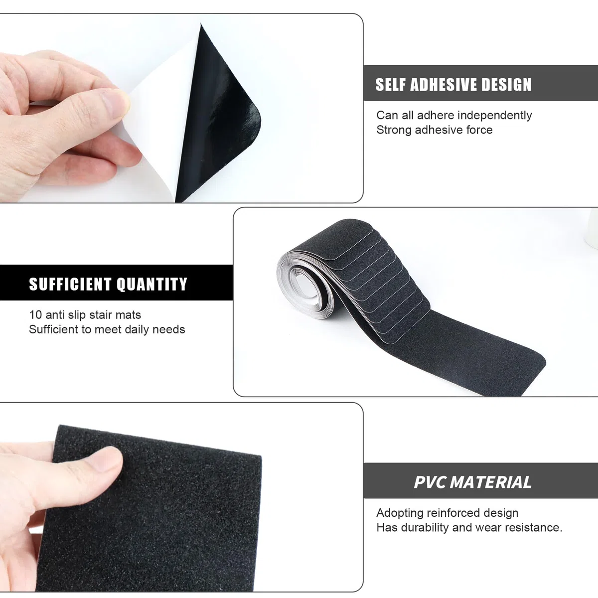 Tappetini per Scale Autoadesivo, 10 Pezzi Strisce Antiscivolo per Scale Interne 10x60cm Strisce Antiscivolo per Scale Interne per gradini in Legno e Pavimenti, Nero