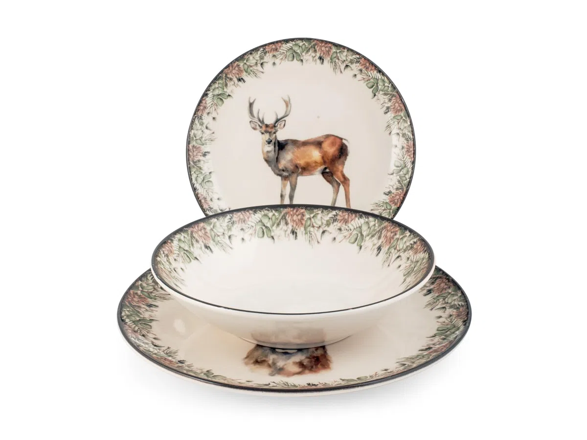 H&H Servizio Tavola 18 Pezzi Montana – Set Piatti Natalizi in Stoneware con Decoro Cervo, Adatto a Lavastoviglie e Microonde – Servizio per 6 Persone, Piatti Piani, Fondi e da Frutta