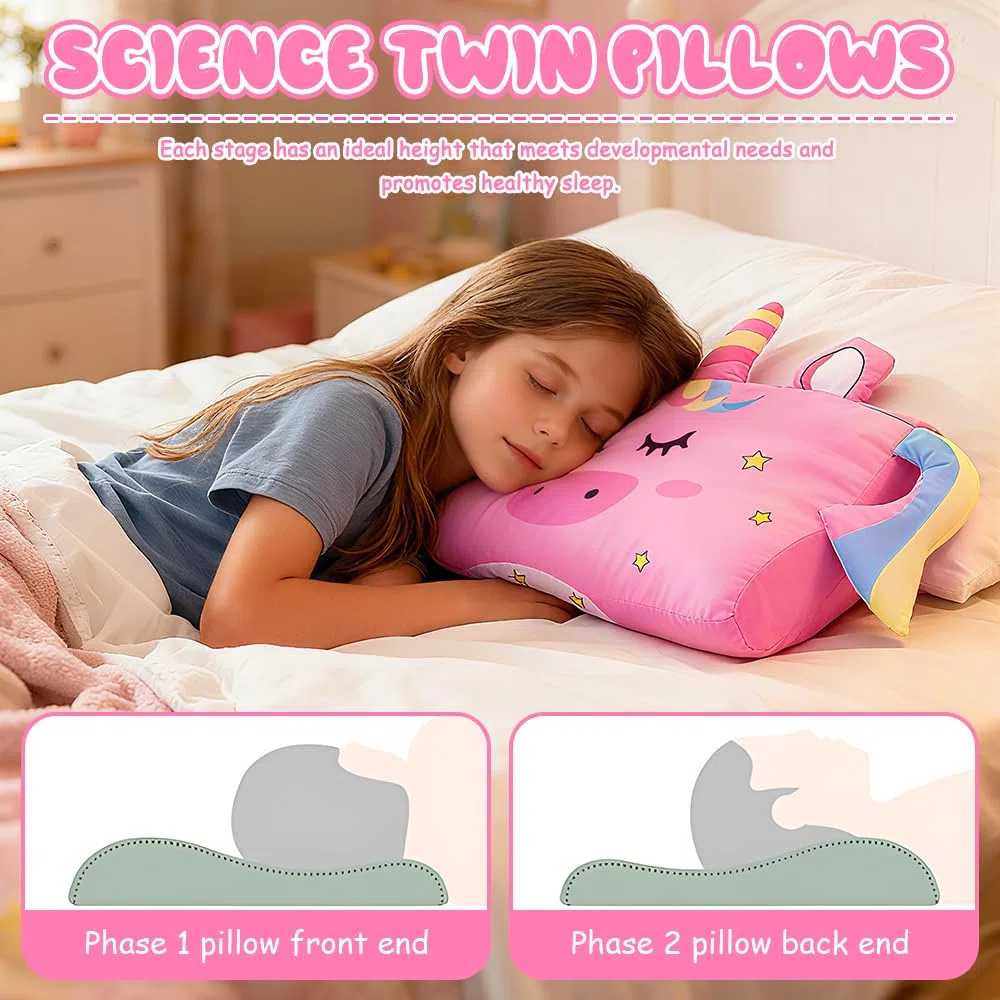 Cuscino Schlummerkids, Cuscini per Dormire, 45 * 27 * 6 cm Cuscino Originale con simpatici animali per bambini, Cuscini Ergonomico per Viaggio, Ufficio, Casa(Unicorno)