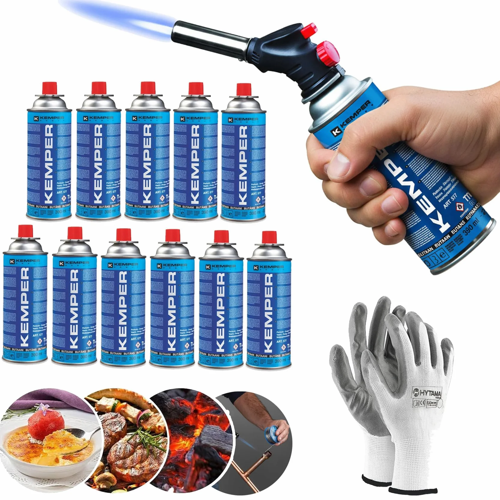 Kemper - Cannello a Gas da Cucina + 12 Ricariche Butano 227g + Guanti Omaggio | Torcia Scottatore Caramellatore Multifunzione per Crème Brûlée, BBQ, Saldature