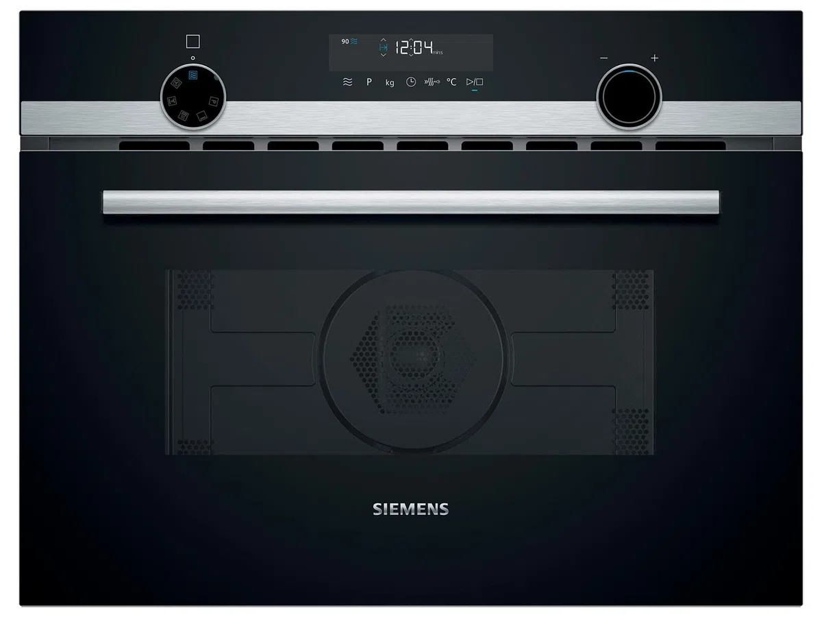 Siemens CM585AGS1 iQ500 Microonde da incasso ad aria calda 60 x 45 cm, 900 W, 44 L, in acciaio inox, controllo touchControl, aiuto idrolitico per la pulizia cookControl 15 microgrammi automatici, nero