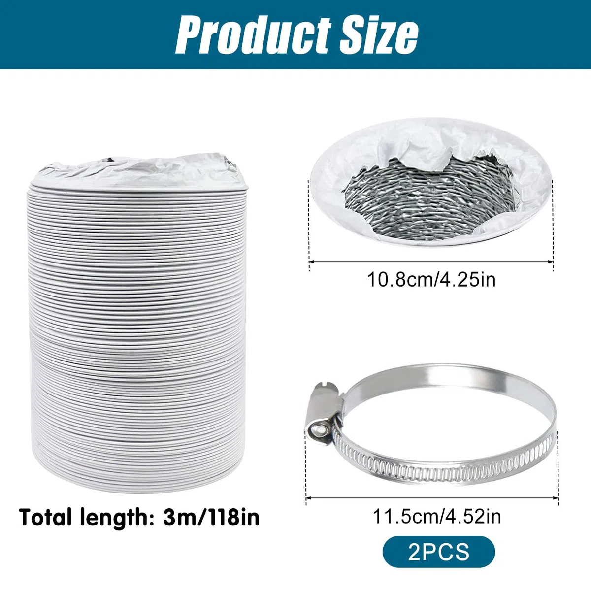 Tubo per aria condizionata, 3m tubo di ventilazione da 100 mm, tubi di scarico, resistente al calore, resistente alla corrosione, per Impianti di Climatizzazione, Asciugatrici, Cappe Aspiranti