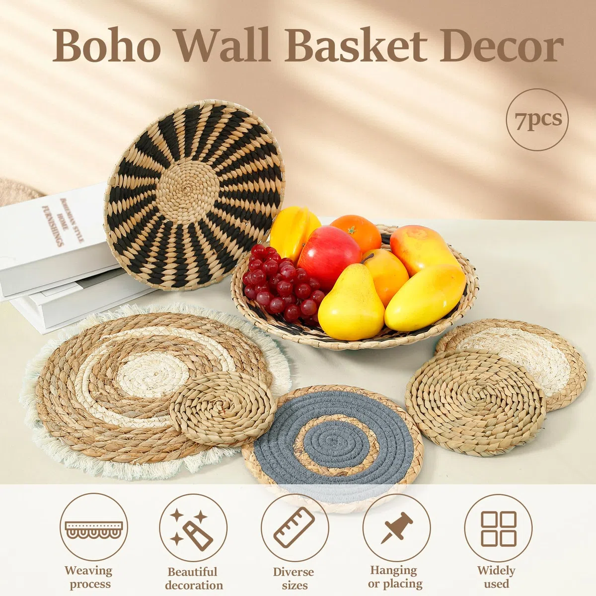 Set di cesti da parete in tessuto da appendere, arazzo boho, 7 cesti unici fatti a mano in erba marina per casa colonica e parete, tavoli e altro, pronti da appendere con chiodi