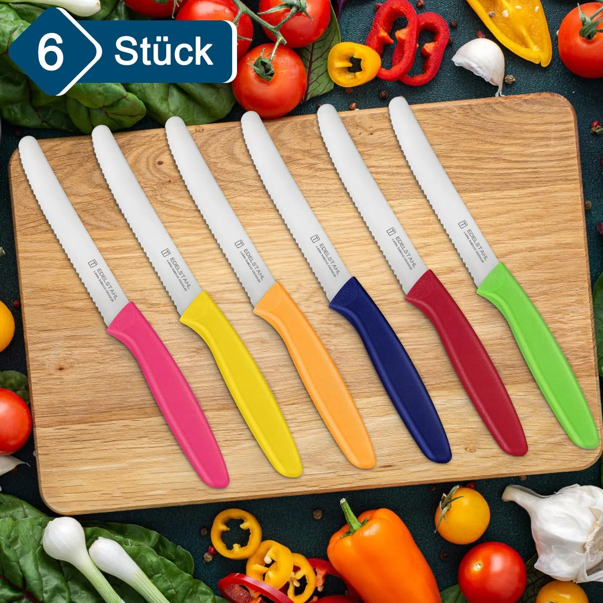 Coltelli Da Tavola, Set Di 6 Pezzi, 21.7CM, Coltelli Tascabili In Acciaio Inossidabile, Coltello Pane, Coltelli Da Tavola Con Bordo Seghettato, Coltelli Affilati, Colorati