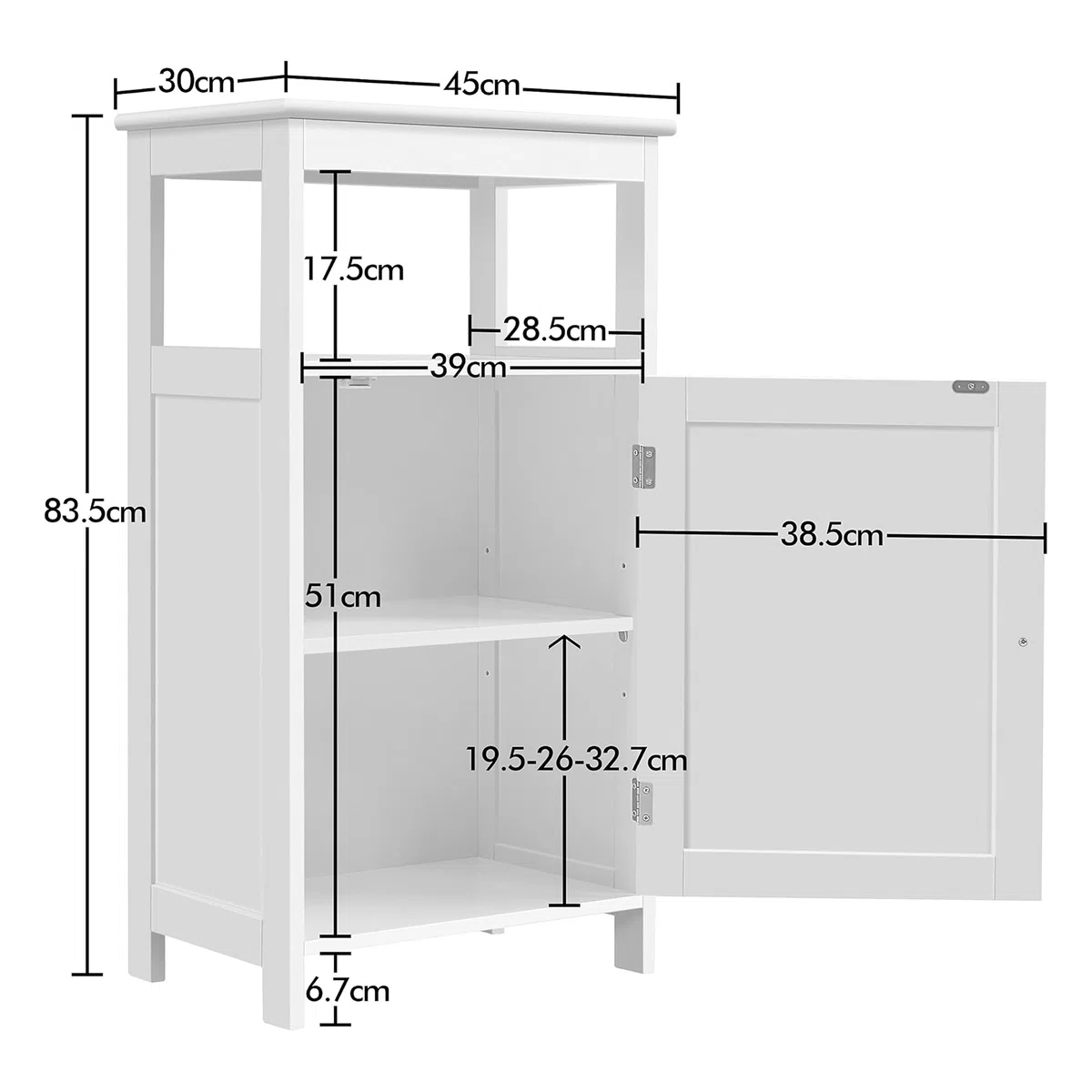Yaheetech Mobile da Bagno Armadietto da Terra Autoportante Mobiletto in Legno con Ripiano Regolabile Armadio con Anta e Scomparto Multiuso Bianco 45 x 30 x 83,5 cm