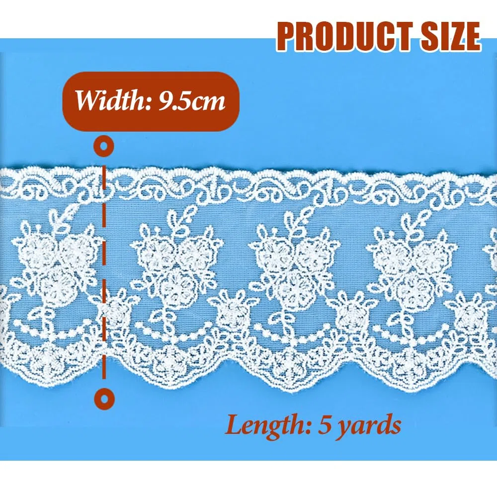 Bordo in pizzo largo 9,5 cm, bordo bianco ricamato non elastico, rifinitura in pizzo per cucire, adatto per decorazioni per abiti da sposa, regali e ornamenti per feste, artigianato fai da te