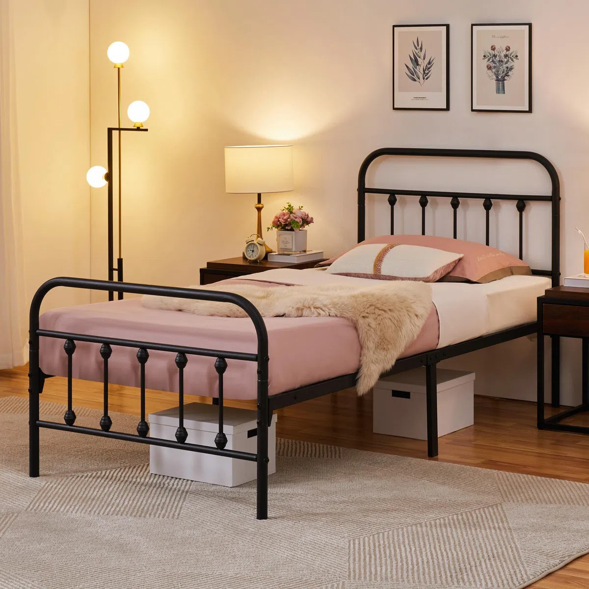Yaheetech Struttura Letto Singolo in Ferro 90 x 200 cm Testiera Alta con Spazio Aggiuntivo per Camera da Letto Soggiorno Nera