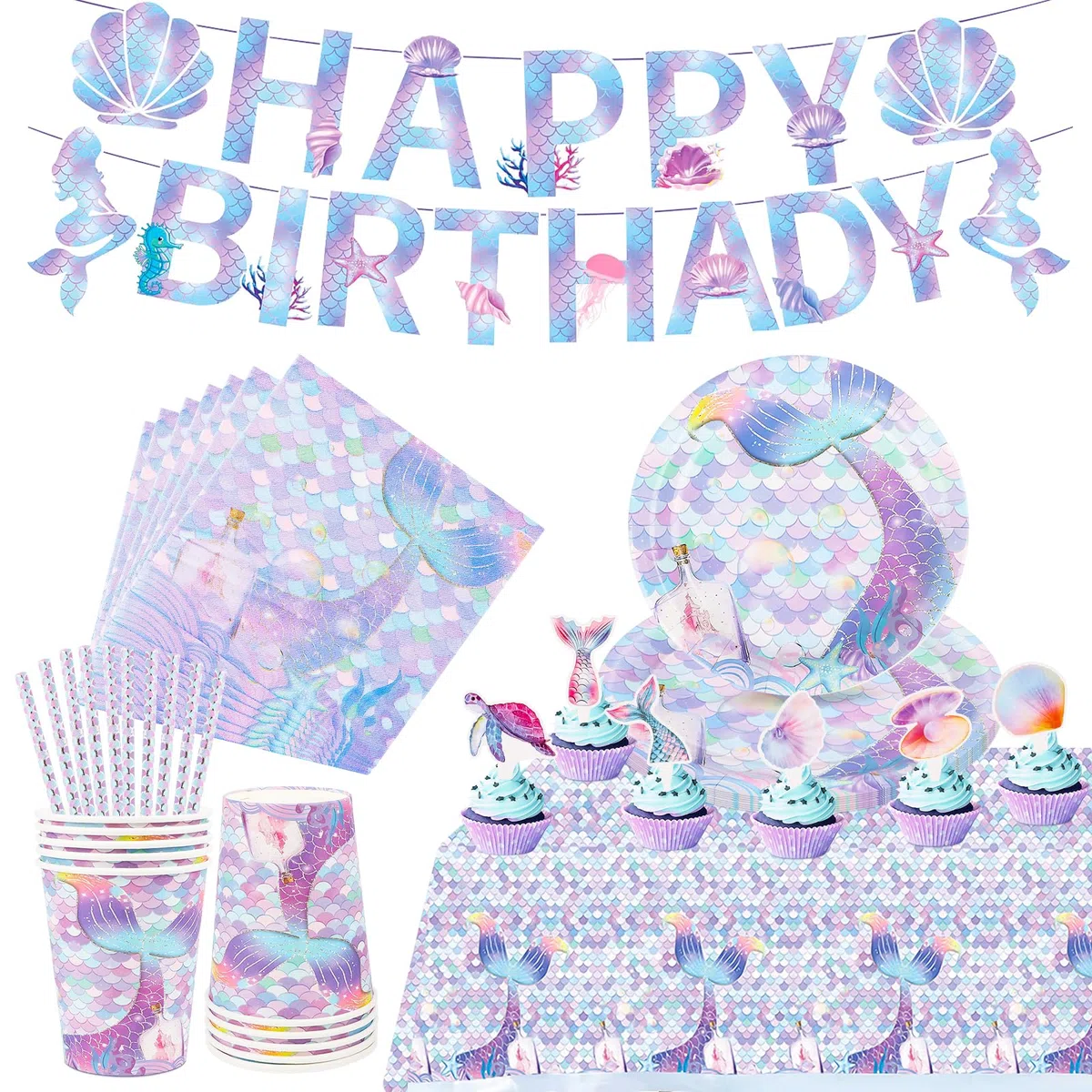 AKONE Set di stoviglie da festa a forma di sirena, 62 pezzi, decorazione di compleanno per bambini, piatti di carta, tazze, tovaglioli, tovaglie e striscioni di compleanno