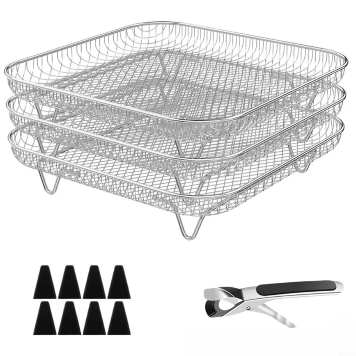 Griglia per friggitrice ad aria in acciaio inox a 3 livelli, 20,3 cm, impilabile, con pinze, da cucina, argento