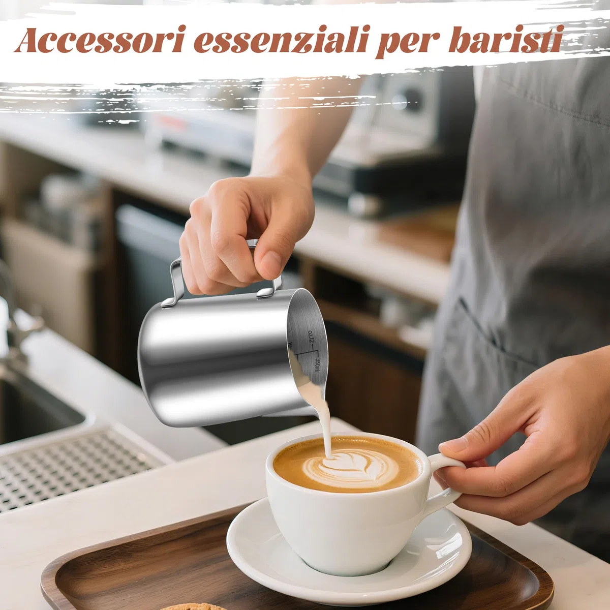 Bricco Latte 350ml in Acciaio Inox, Pentolino Latte con Segno di Misurazione Montalatte Brocca In Schiuma per la Preparazione di Cappuccino, Espresso, Latte Art