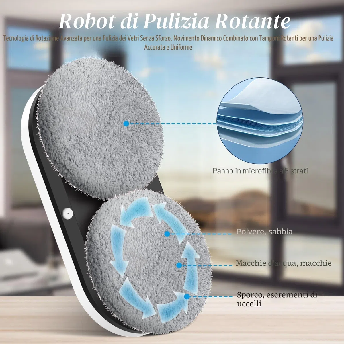IERAKOR Robot Lavavetri, 5600Pa Robot Lavavetri Finestre con Doppio Sistema di Spruzzo, 3 Modalità Pulizia, Telecomando, Navigazione Intelligente, Rilevamento dei Bordi, Protezione Anticaduta＆8 Panni