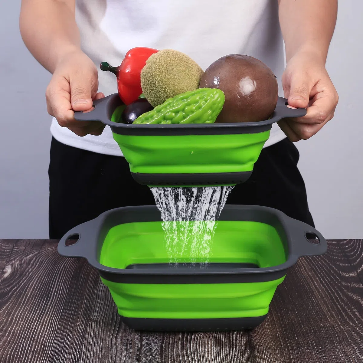 3 Pz Set Scolapasta Silicone Pieghevole, Filtro Cestino Cucina in Silicone con Manico, Filtro Colander Setacci Pieghevole per Drenante Frutta Verdura Pasta, Cucina, Domestica, Campeggio - Verde