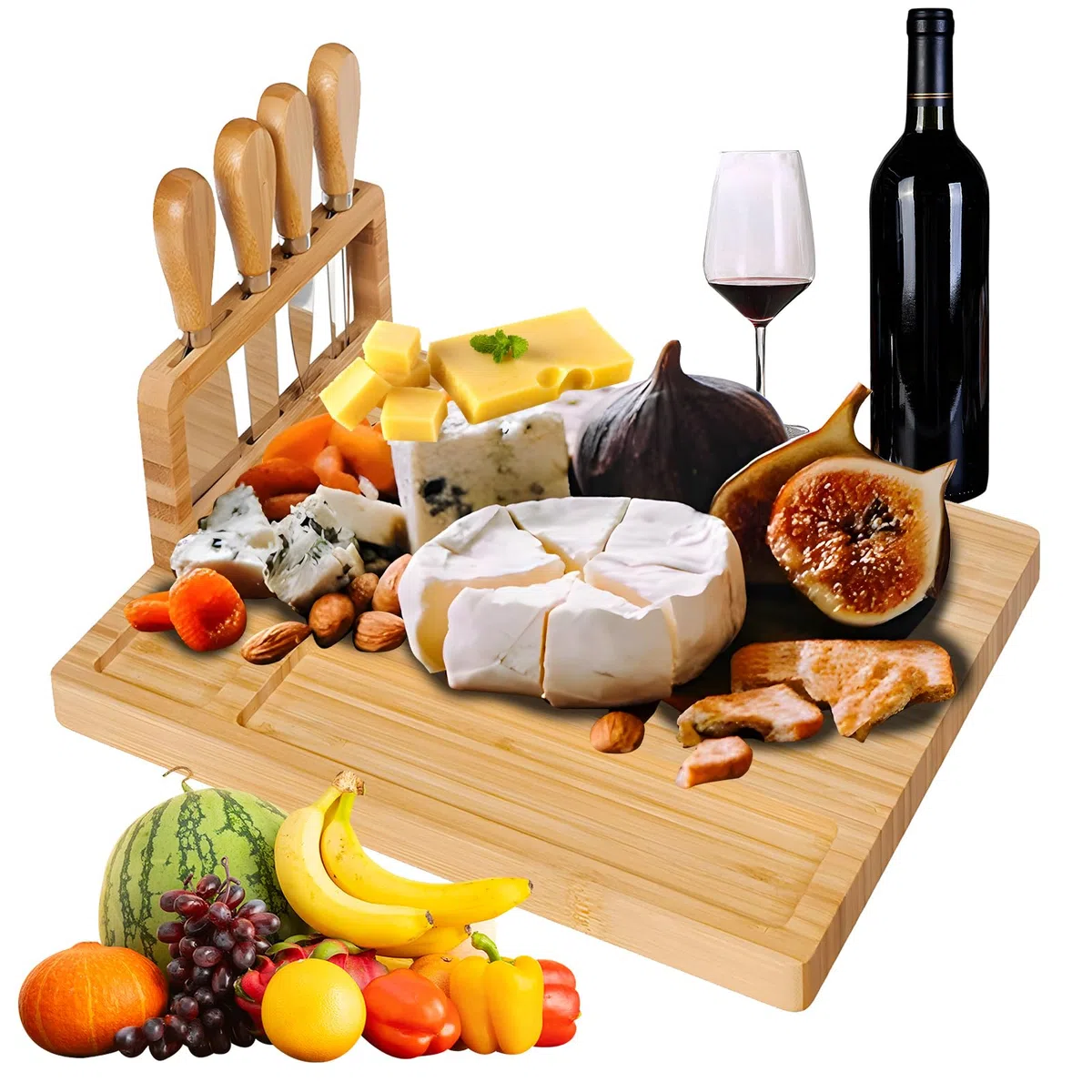 Tagliere per Formaggio in Bambù 35.5 * 28CM Con Set di Coltelli - Ideale per Vegetariani, Amanti del Cibo e Appassionati di Cucina