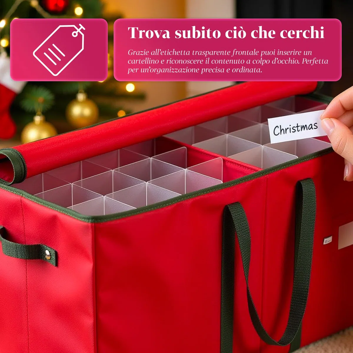 Wintem – Contenitore Porta Palline di Natale in TNT e Cartone Rigido 65x32x32 cm con 64 Scomparti Modulari e Manici Rinforzati, Chiusura Zip Resistente per Conservare 128 Decorazioni Natalizie