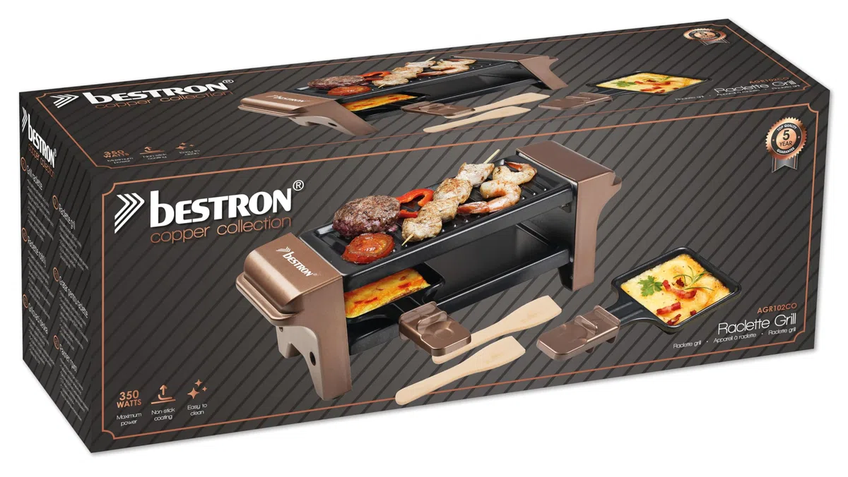 Bestron Mini Raclette per 1-2 Persone, Mini griglia da tavolo con 2 padelline e 2 spatole in legno, Piastra per Raclette con 350 watt, Colore: Rame