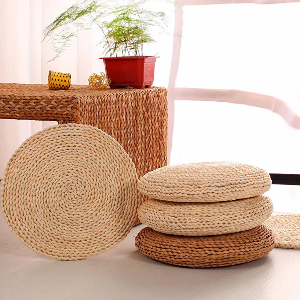Cuscino rotondo in paglia, ovatta di seta, per casa, fitness, yoga, meditazione, beige, 30 x 30 cm