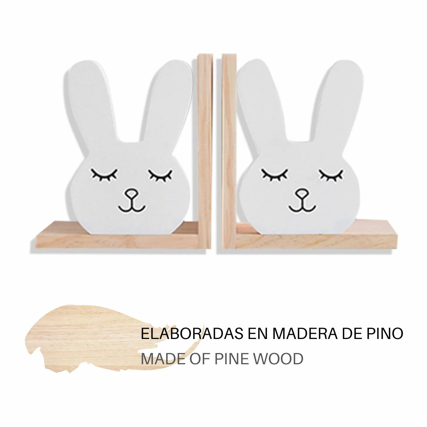 Nacnic 2 fermalibri di legno naturale in stile nordico con disegno di un simpatico coniglietto. Reggilibri funzionali e decorativi per la cameretta dei bambini.