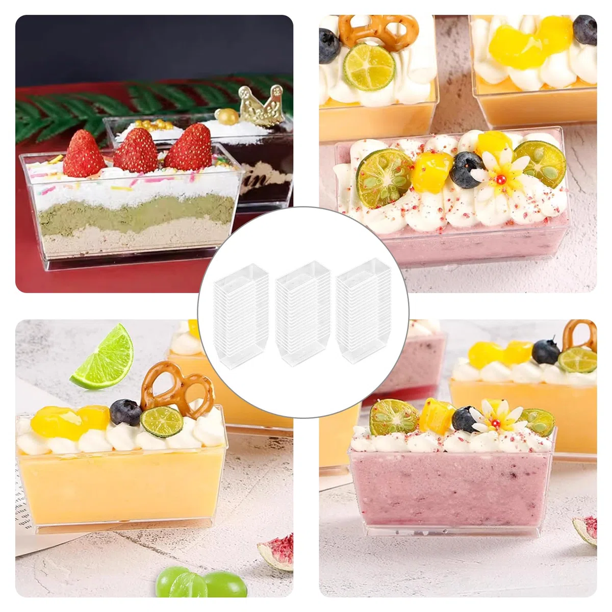 50 Pezzi Tazze da Dessert in Plastica con Cucchiai, 140 ml Contenitori Riutilizzabili Quadrati Trasparenti per Budini, Mousse, Gelati, Compleanni, Matrimoni