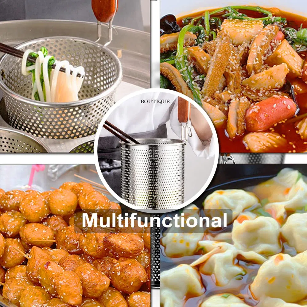TENTA KITCHEN Micro-Perforated Stainless Steel Pasta Basket Mesh Spider Food Dumpling Noodle Strainer, Skimmer Kitchen Fine Sieve with Wooden Handle (4.72 inch)