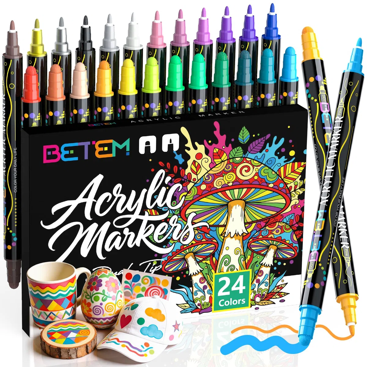 Betem 24 Colori Pennarelli Acrilici Doppia Punta, Pennarelli per Tessuti, Sassi, Dipingere, Legno, Roccia, Pietra, Vetro, Ceramica, Acrylic Marker per Tela