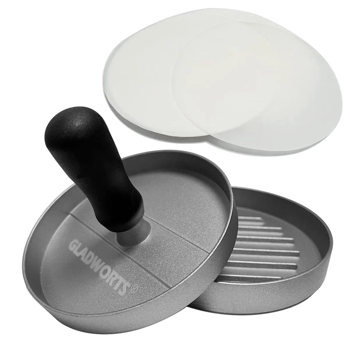 Pressa per Hamburger Pressa Stampa in Alluminio + 100 Carta Antiaderente, Rotondi, Hamburgher Attrezzo Macchinetta Antiaderente per Patty, BBQ, Grill e Cucina