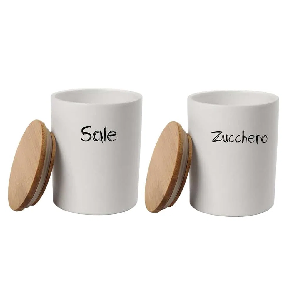 Maury's Set Barattoli in Ceramica con Top in Legno 10x13cm: Sale e Zucchero (Tondo Bianco -2 Pz)
