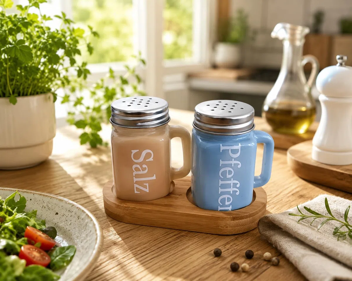 AG Set saliera e pepe con vassoio in bambù – Spargitore in vetro con coperchio in acciaio inox – Design retrò accessori da cucina e decorazione da tavolo – perfetto come idea regalo per cucina