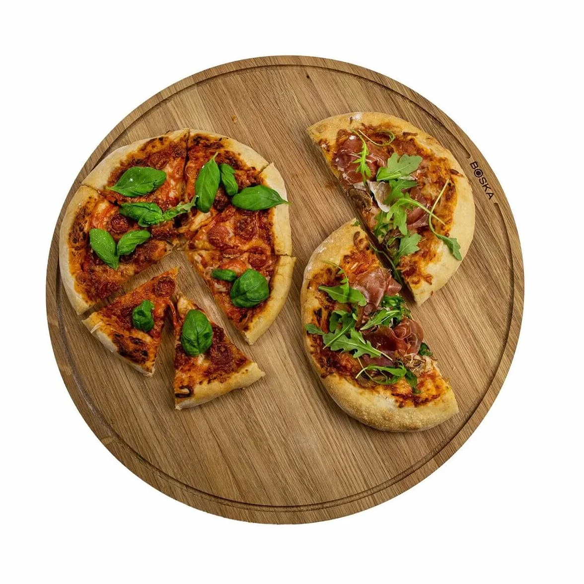 Amici XXL - Piatto per pizza in legno di quercia, diametro 47 cm, piatto rotondo per pizza con pratico vassoio di recupero, adatto anche per colazione, pranzo e