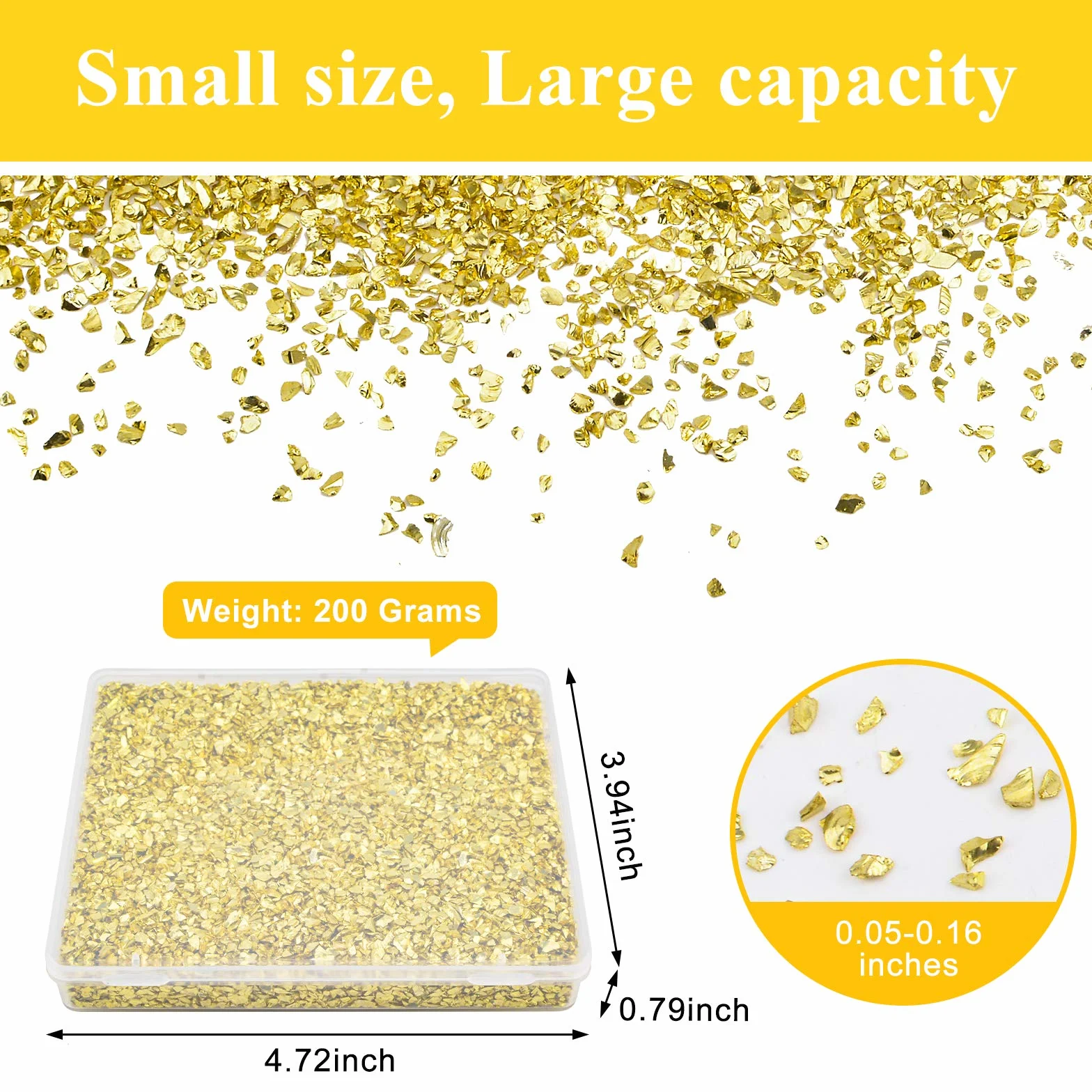 WANDIC Vetro frantumato, 200 grammi, 2-4 mm, in vetro frantumato dorato, irregolari metallizzati, riempitivi per creazioni in resina, nail art, pittura