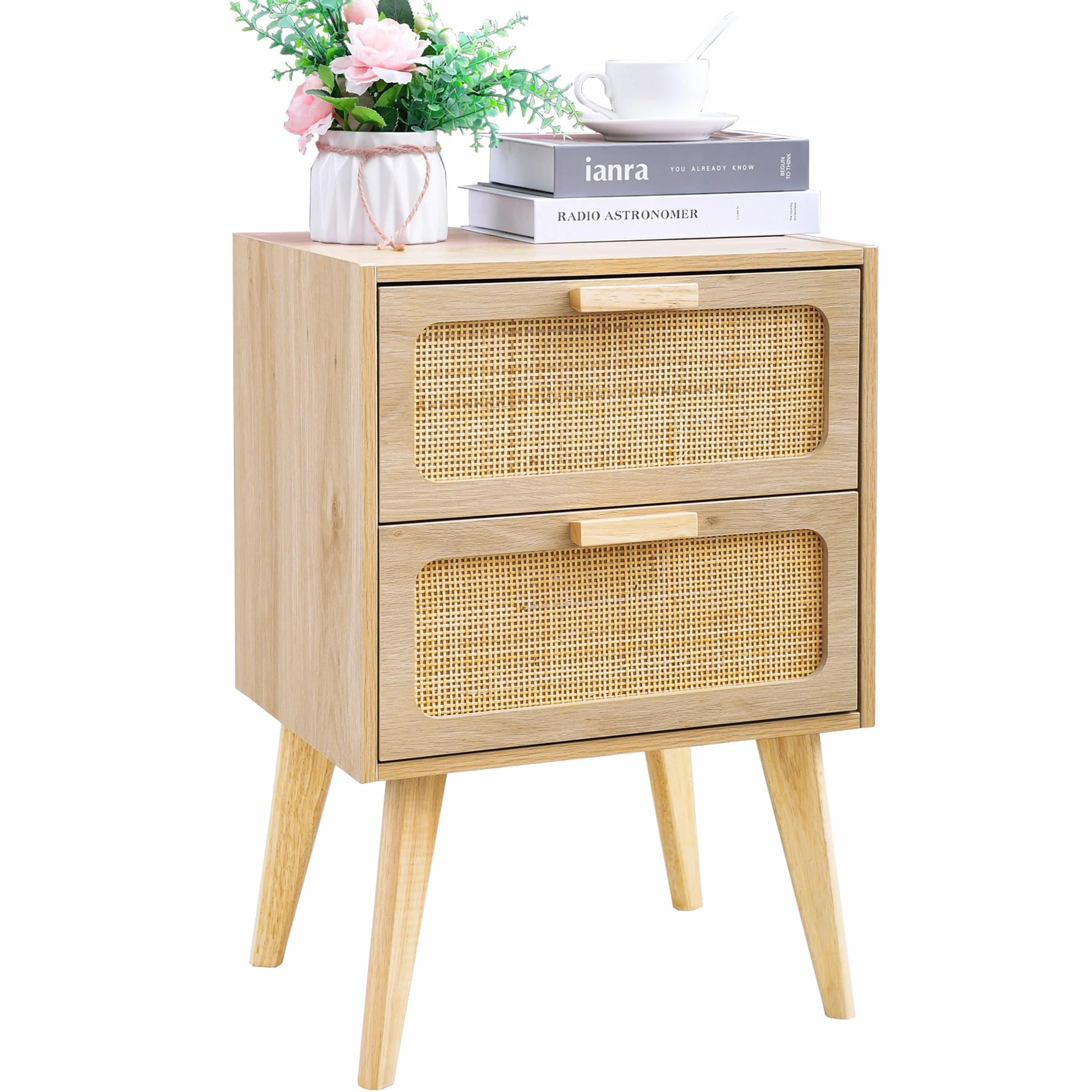 YAUKOMEL Comodino in rattan, comodino bohémien con portaoggetti, tavolino, tavolino con 2 cassetti decorati in rattan fatti a mano per piccoli spazi, soggiorno, camera da letto, naturale, DECTG59Y
