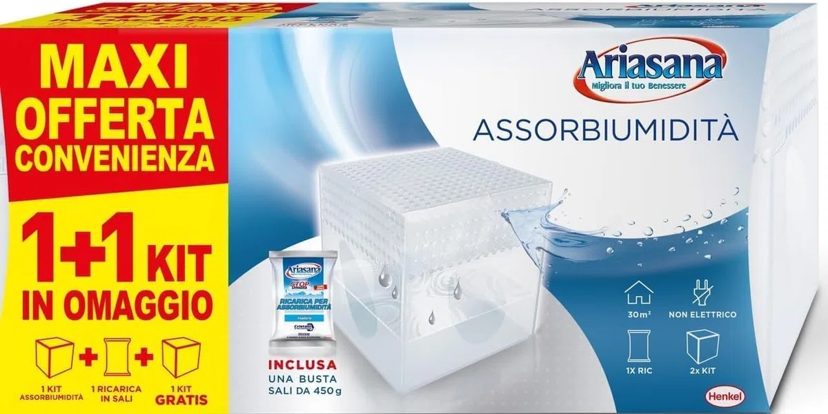 Ariasana Assorbiumidità Kit Mini 1+1 Inodore, Deumidificatore Spazi Ridotti, Ariasana Assorbiumidità per Cucina, Bagno, Ufficio, Mini Deumidificatore Formato Convenienza, 2 Kit + 1 Ricarica Sali 450g