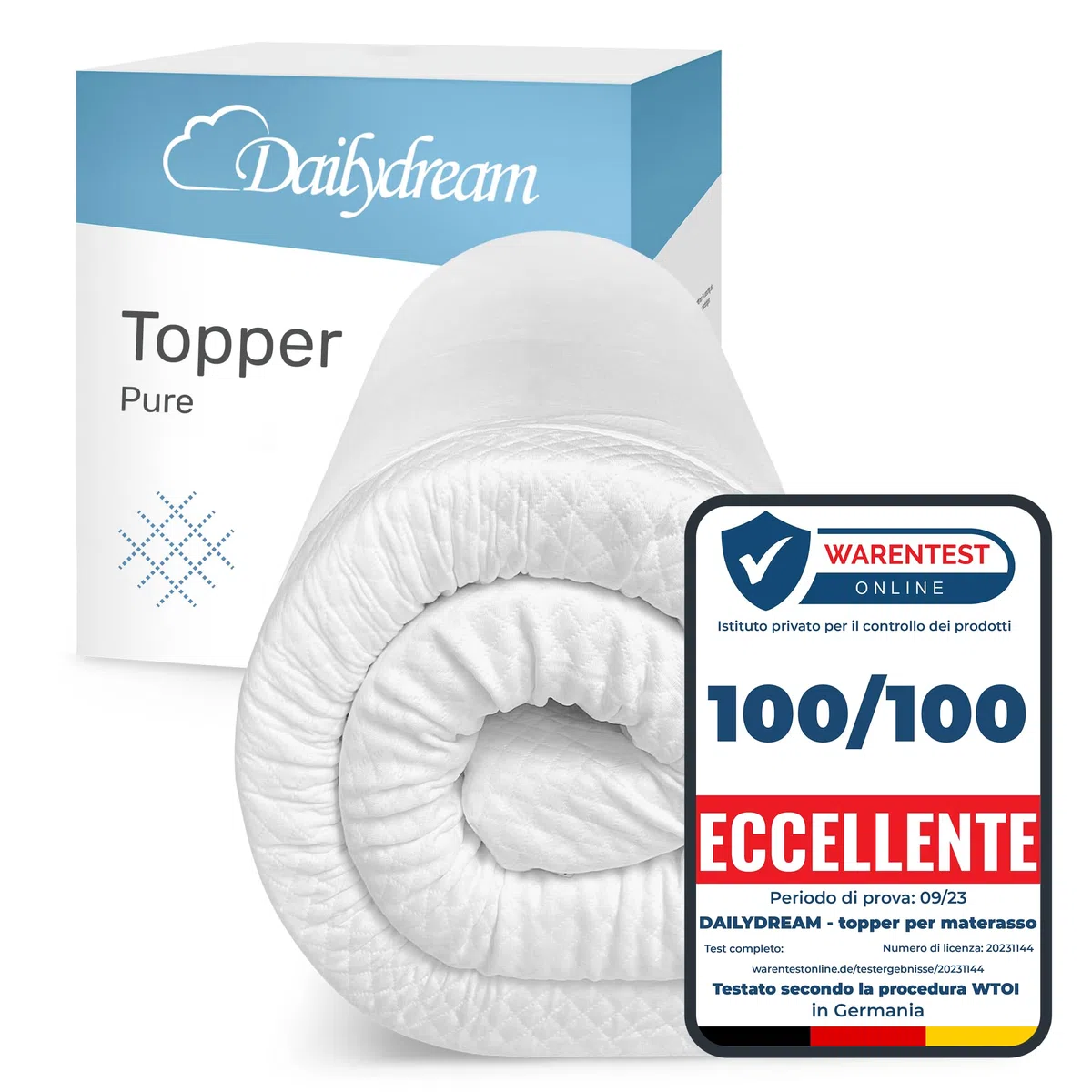 Coprimaterasso Dailydream 160 x 200 cm | Schiuma a memoria di forma | 5 cm di spessore | Edizione Pure, modello M | ergonomico per materassi scomodi, reti imbottite e letti aggiuntivi