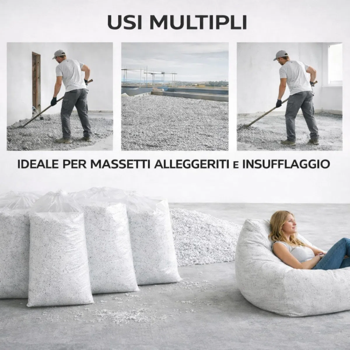 Perle di Polistirolo EPS 500 Litri, Granuli Polistirene Espanso per Massetti Alleggeriti, Riempimento Pouf, Poltrone a Sacco e Cuscini, Palline per Imbottitura, Isolamento 2-8 mm