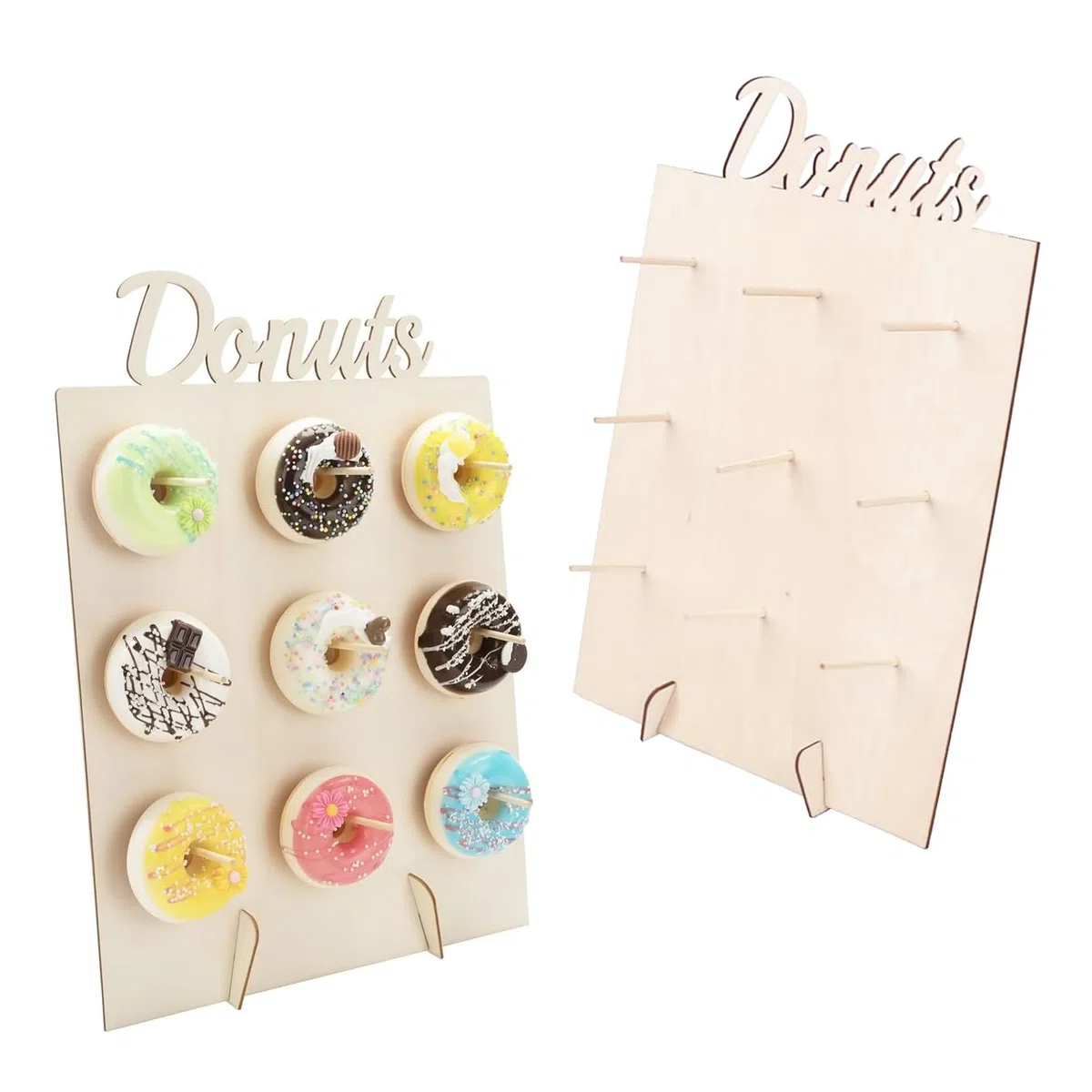 Espositore per Ciambelle in Legno 2 pcs Elegante Donut Display per Dolci e Ciambelle Porta Donuts per Matrimoni Compleanni Feste Decorazioni per Pasticceria (vuoto fuori)
