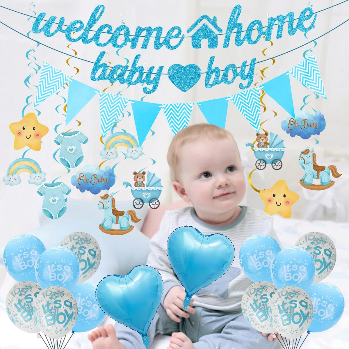 Benvenuto a casa, decorazione per bambini, 34 pezzi, blu, Welcome Home Baby Boy Banner, ghirlanda, ghirlande sospese, palloncini per Welcome Home Shower baby shower