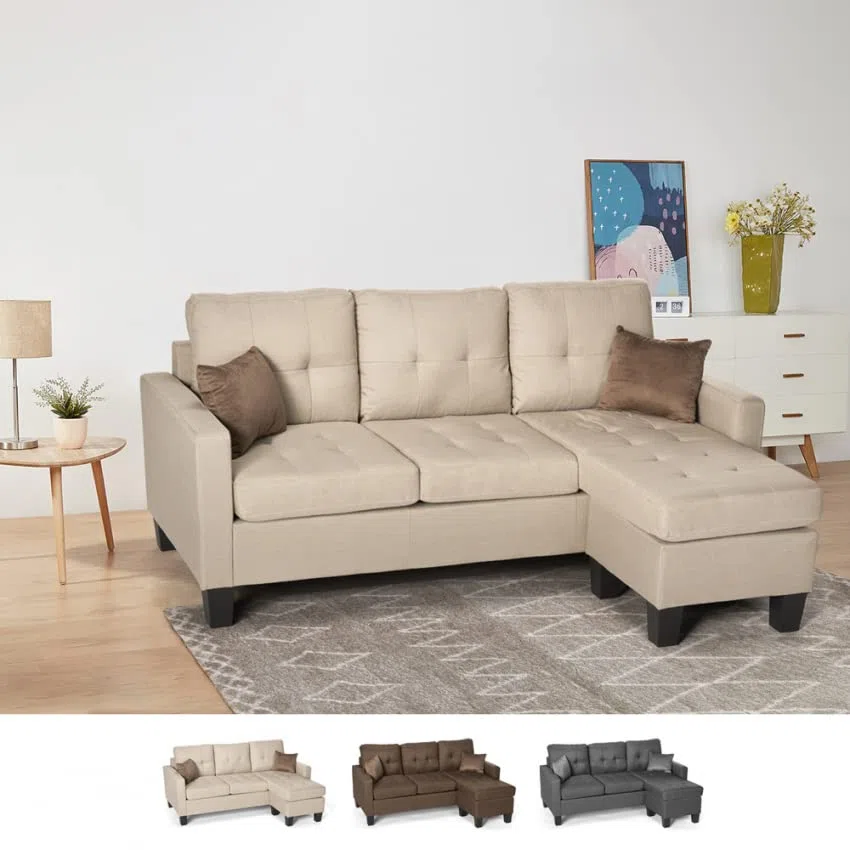 Produce Shop Divano Moderno angolare 3 posti Pouf 2 Cuscini Soggiorno Remissus - Beige