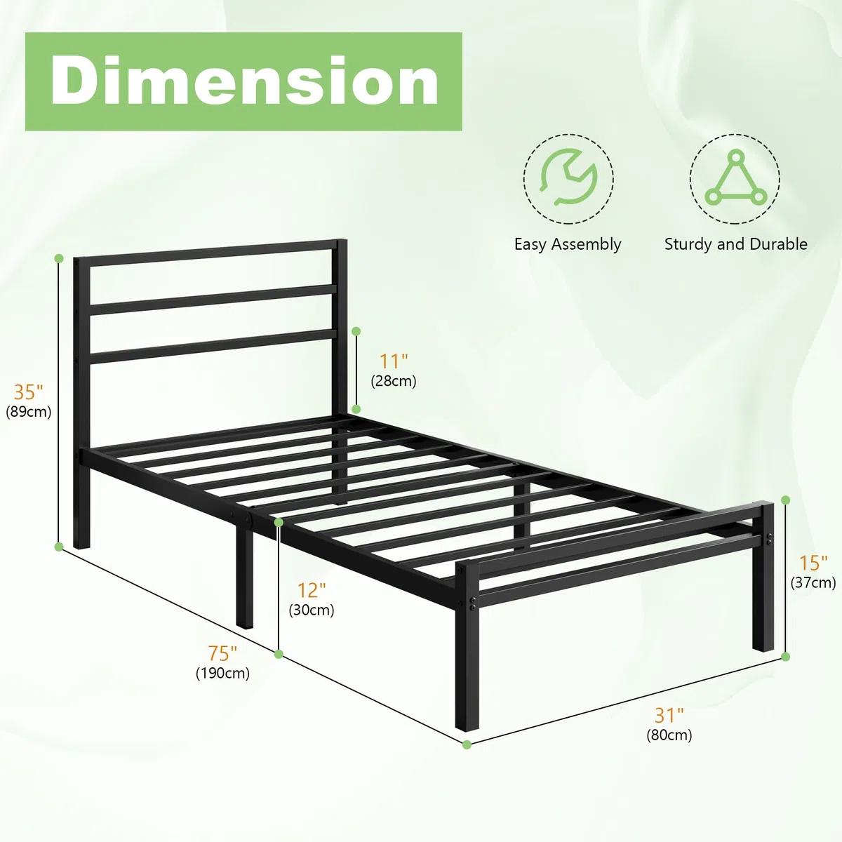 Lutown-Teen Letto Singolo 80x190 cm con Testiera e Pediera, Alta 30 cm, Rete a Doghe Singola in Metallo, Struttura Letto in Ferro, Spazio Aggiuntivo Sotto, Montaggio Facile, Moderno, Nero