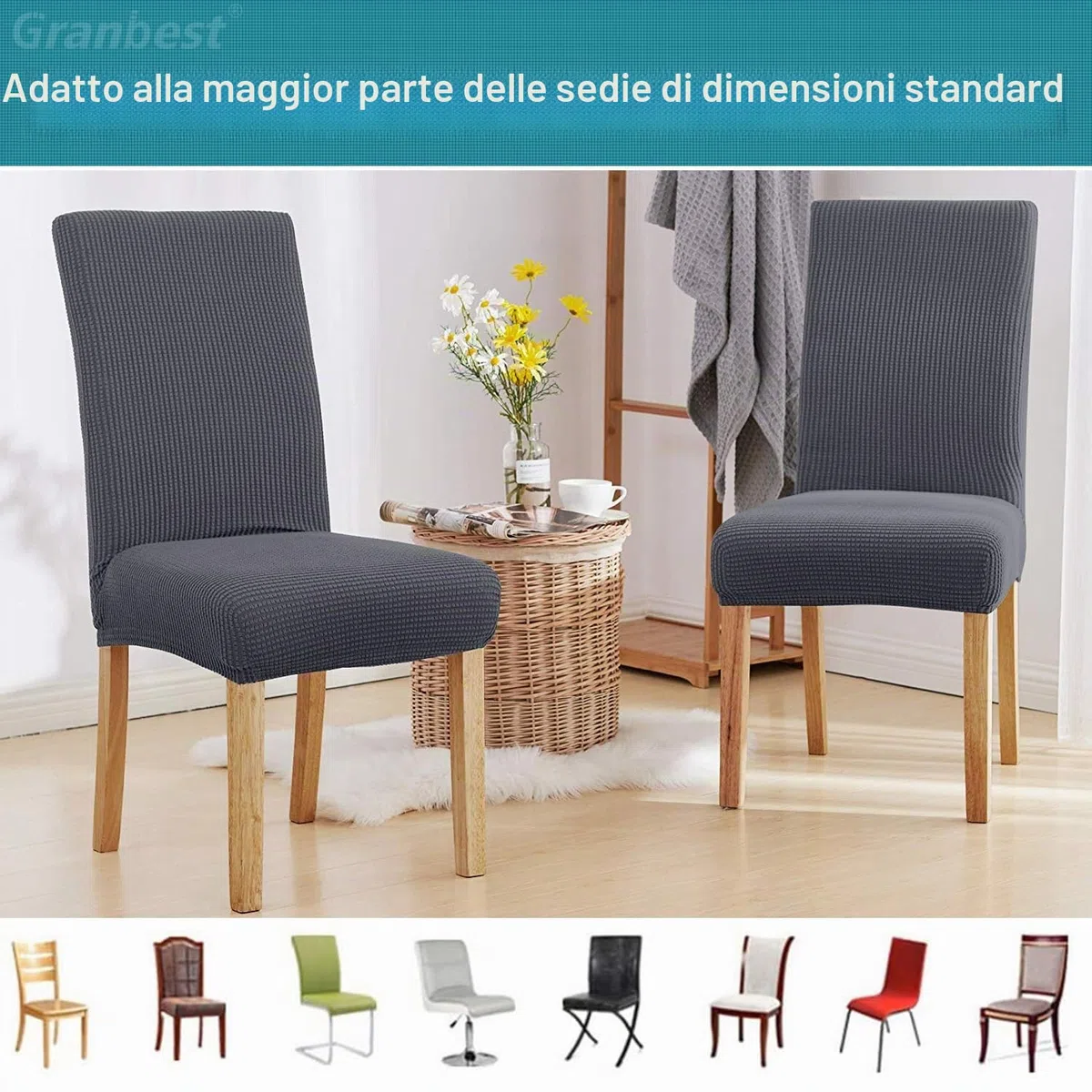 Granbest Coprisedia ad alta elasticità, vestibilità universale, coprisedia jacquard, coprisedia rimovibile per sala da pranzo, cucina, ristorante e hotel (set di 4, grigio)