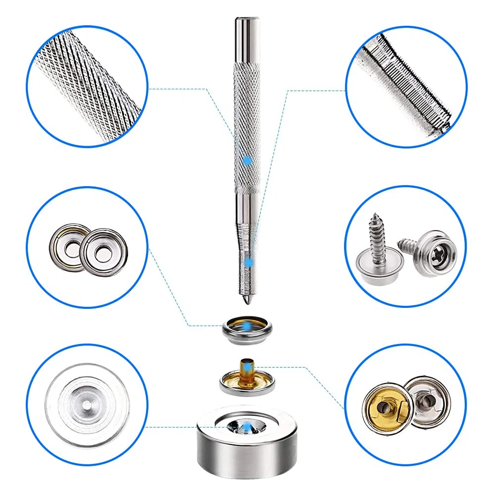 MMOBIEL Kit Bottoni a Pressione da 153 Pezzi Dispositivi di Chiusura a Pressione con Vite per Forti Sollecitazioni Marina 3/8 Pollice, 5/8 Incavo Compreso Strumento per Bottoni