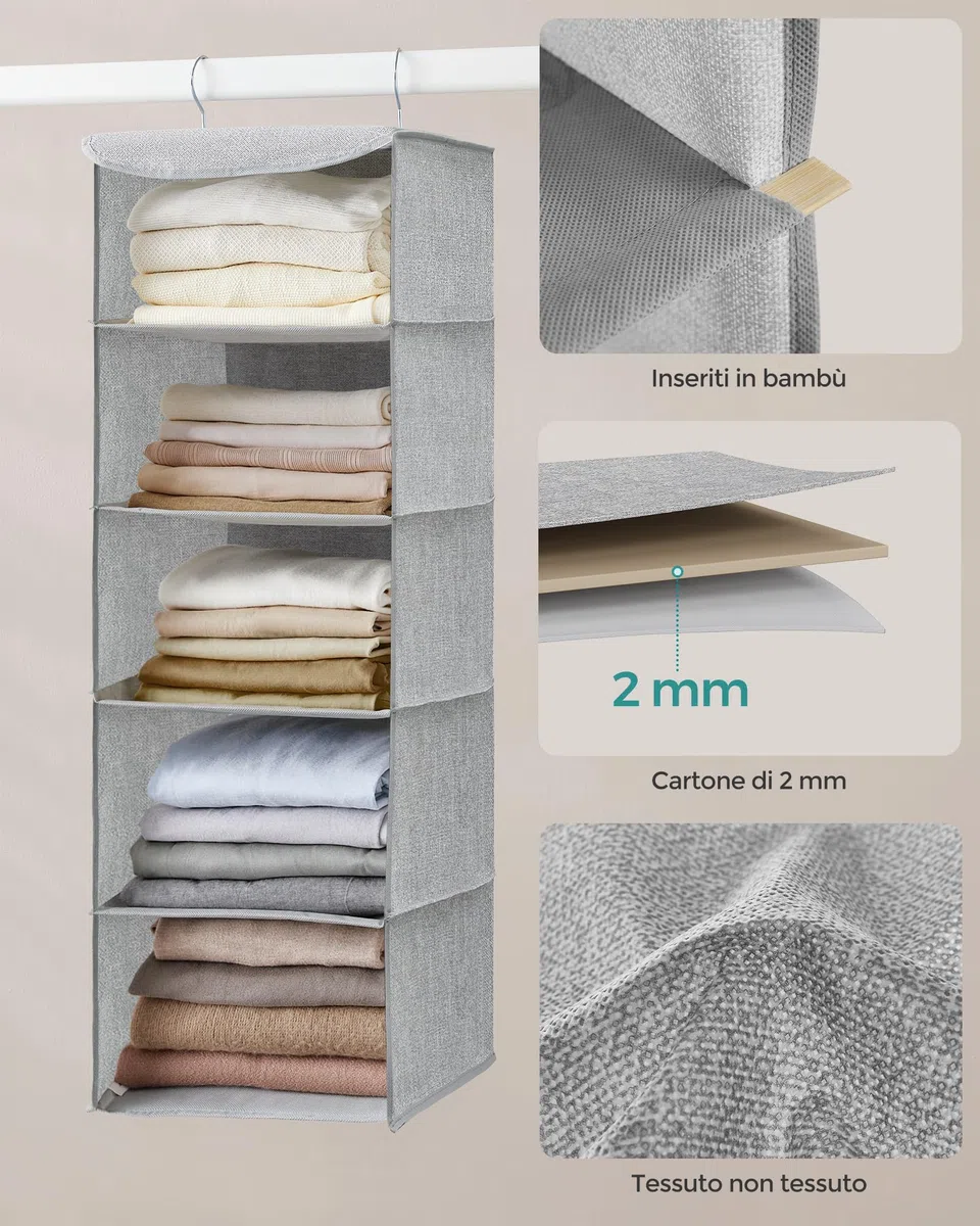 SONGMICS Organizer Armadio da Appendere, Set di 2 Portaoggetti da Appendere, Pieghevole e Salvaspazio, con Ganci in Metallo e Divisori Interni in Bambù, Stampa in Simil Lino, Grigio Chiaro RCH005W02