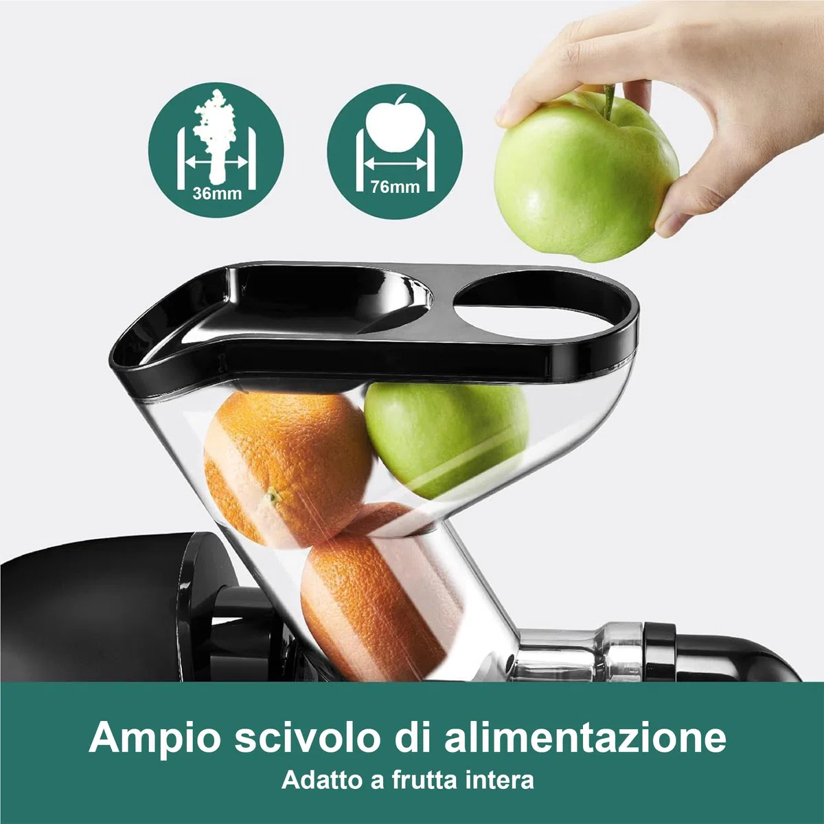 Fretta Estrattore frutta e verdura, Ampio scivolo da 76 mm, Senza BPA, Estrattore di succo silenzioso con funzione inversa, Facile da pulire (Nero)